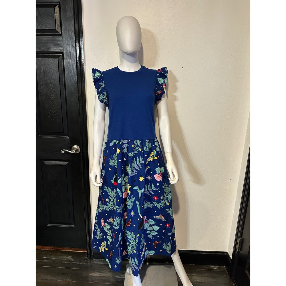 Latino Heritage Month Flutter Sleeve Mixed Media Midi Dress Blue Floral Bird L